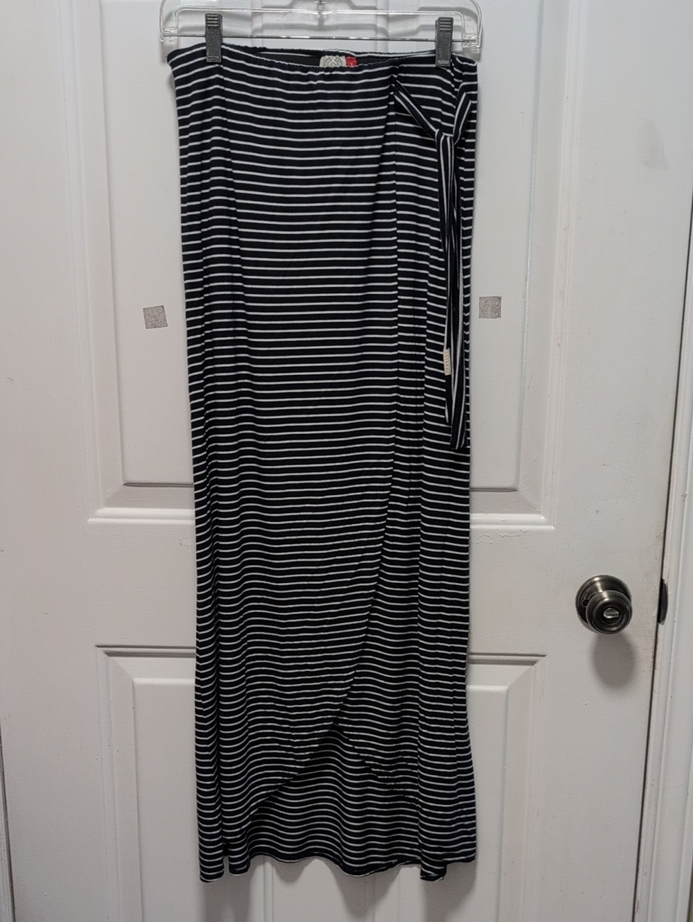 Black and White Striped Maxi Skirt with Side Tie